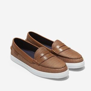 Cole Haan Tan Woven Leather Penny Loafers with White Sole